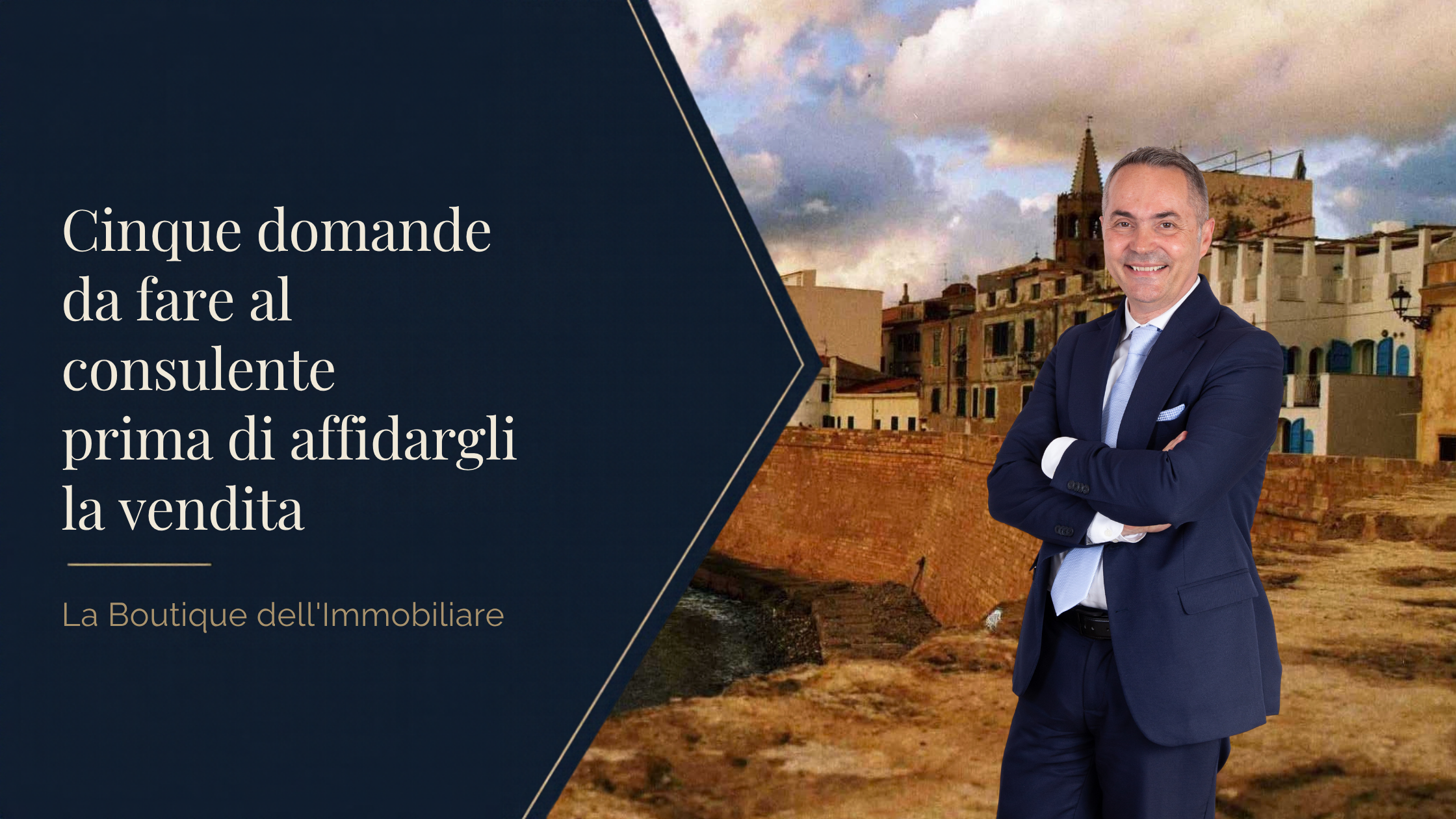 Cinque domande da fare al consulente prima di affidargli la vendita — ritratto originale di Antonello Alfonso su fotografia reale dei Bastioni di Alghero.