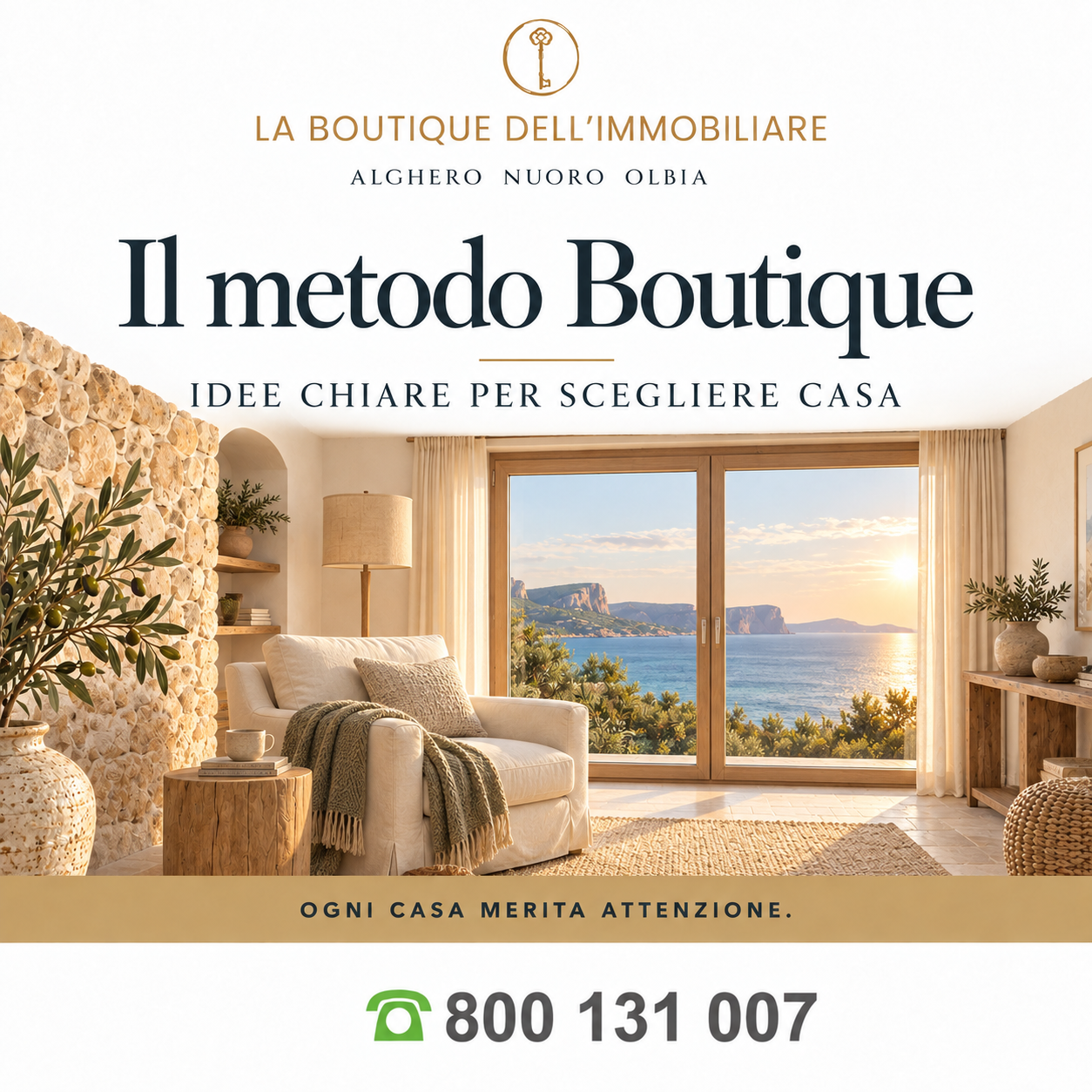 Il metodo Boutique — illustrazione di un interno mediterraneo con vista sul mare, senza persone
