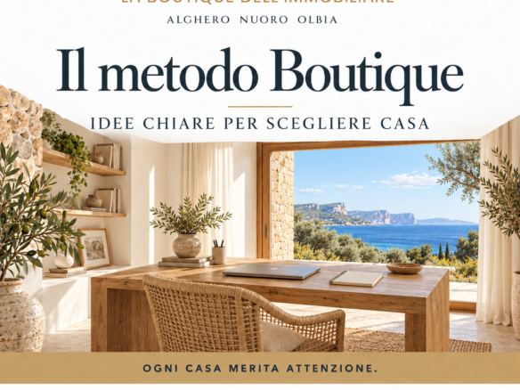 Il metodo Boutique — illustrazione di un interno mediterraneo con vista sul mare, senza persone