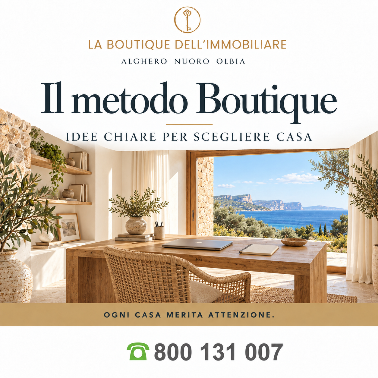 Il metodo Boutique — illustrazione di un interno mediterraneo con vista sul mare, senza persone