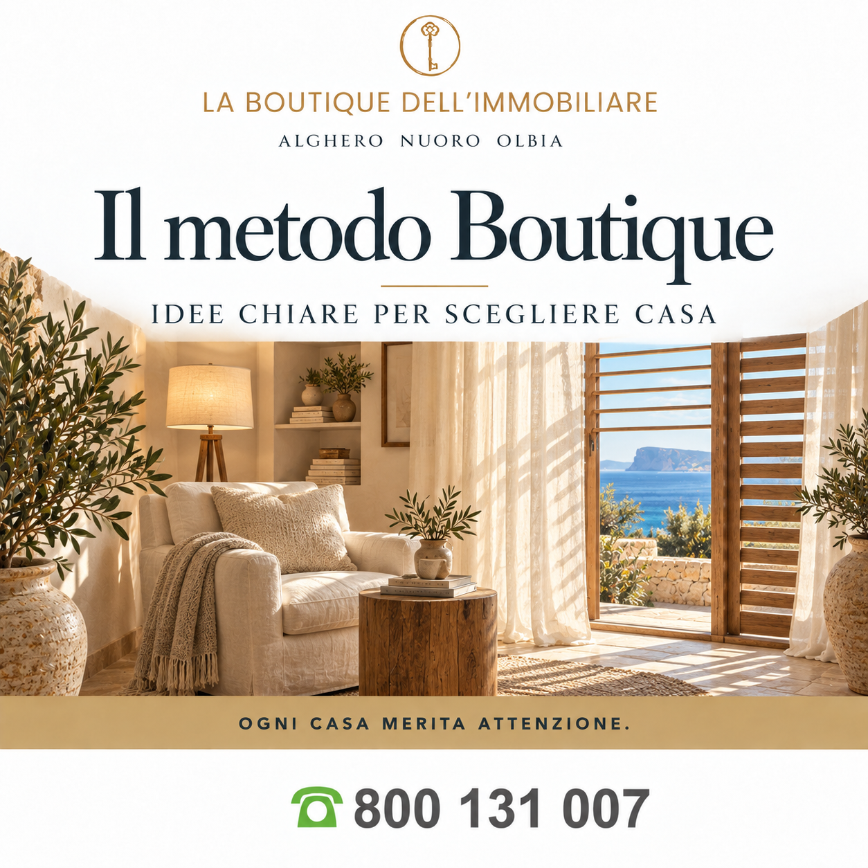 Il metodo Boutique — illustrazione di un interno mediterraneo con vista sul mare, senza persone