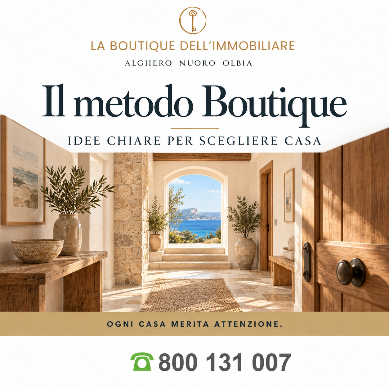 Il metodo Boutique — illustrazione di un interno mediterraneo con vista sul mare, senza persone